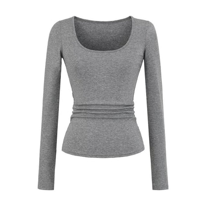 Slim-Fit U-Neck Long Sleeve Solid Color Tee