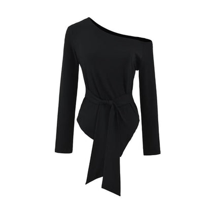 Asymmetrical Plain Tee with Off-Shoulder and Long Sleeves