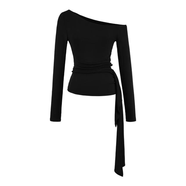 Off-Shoulder Plain Crop Top with Long Sleeves