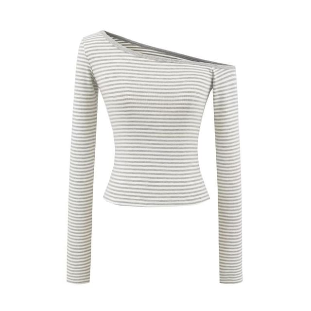 Off-Shoulder Long-Sleeve Striped Cotton Tee
