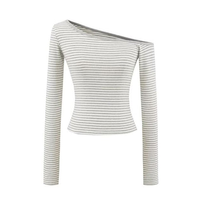 Off-Shoulder Long-Sleeve Striped Cotton Tee