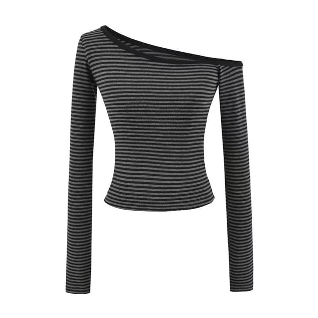 Off-Shoulder Long-Sleeve Striped Cotton Tee