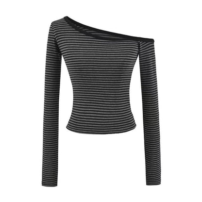 Off-Shoulder Long-Sleeve Striped Cotton Tee