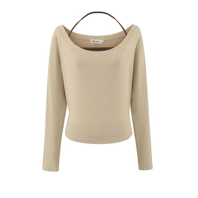 Matching Set: Plain Cropped Long-Sleeve Tee & Halter Top