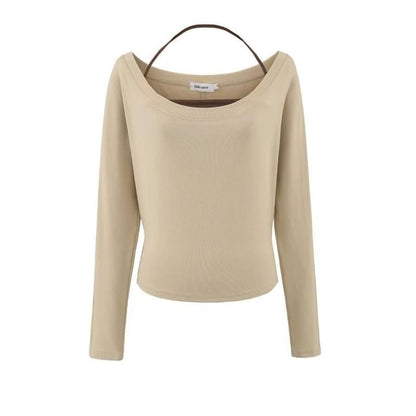 Matching Set: Plain Cropped Long-Sleeve Tee & Halter Top