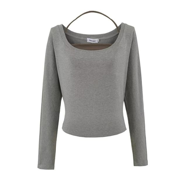 Matching Set: Plain Cropped Long-Sleeve Tee & Halter Top