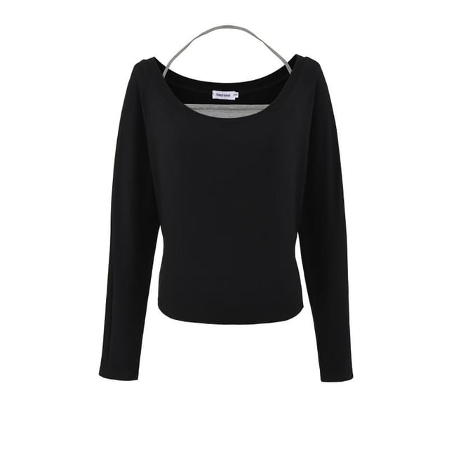 Matching Set: Plain Cropped Long-Sleeve Tee & Halter Top