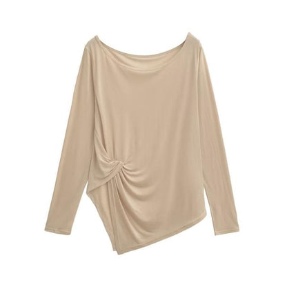 Asymmetrical Plain Top with Boatneck and Long Sleeves