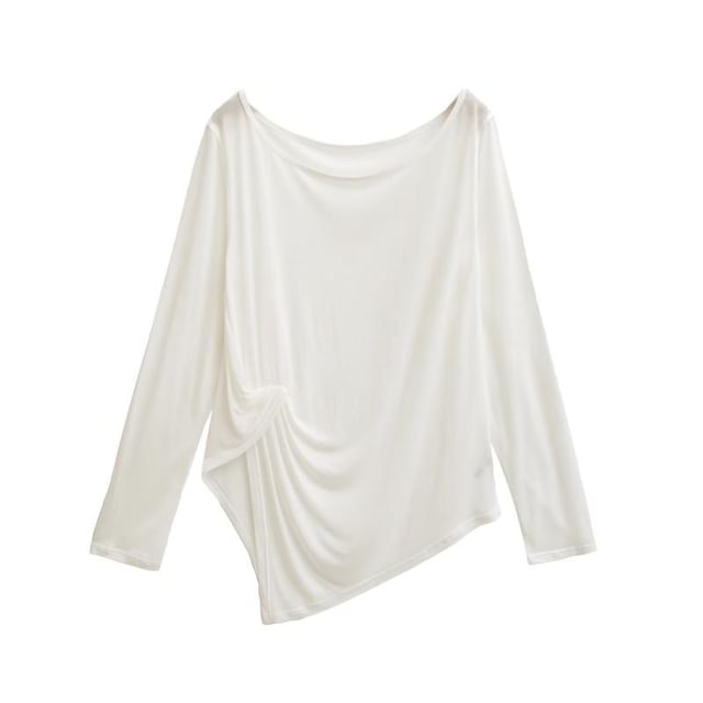 Asymmetrical Plain Top with Boatneck and Long Sleeves