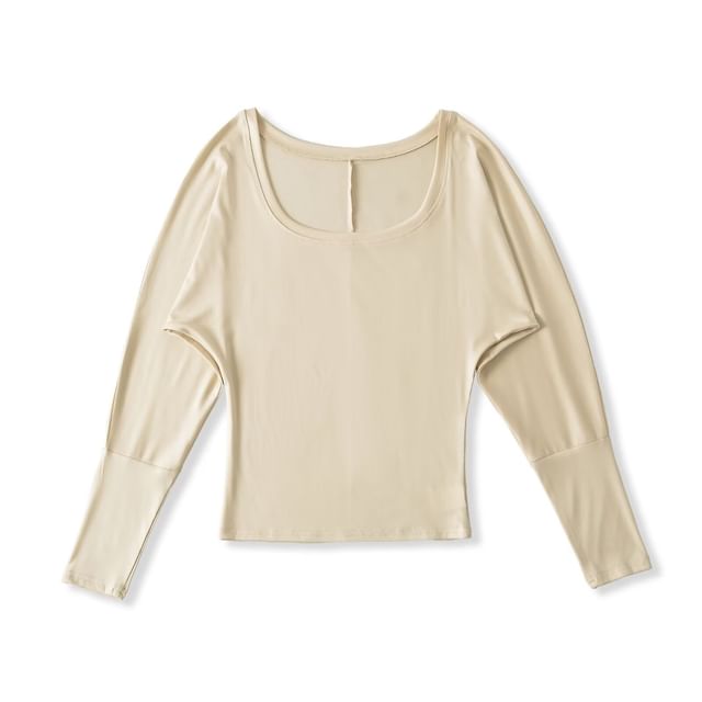 Plain Crop Top with U-Neck and Long Sleeves