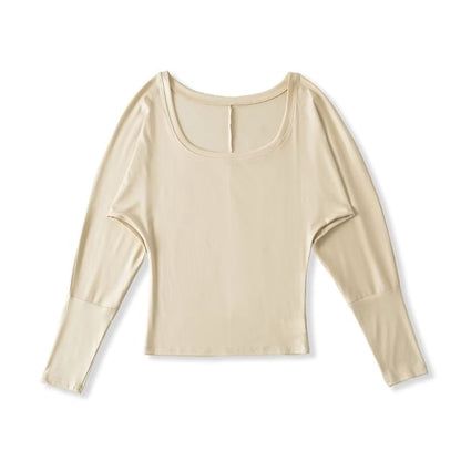Plain Crop Top with U-Neck and Long Sleeves