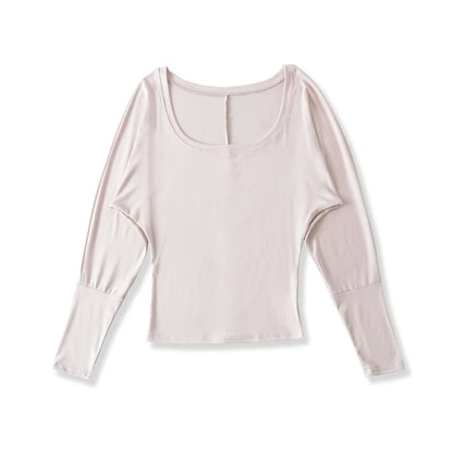 Plain Crop Top with U-Neck and Long Sleeves