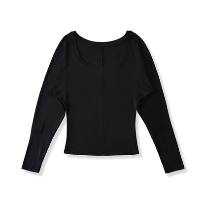 Plain Crop Top with U-Neck and Long Sleeves
