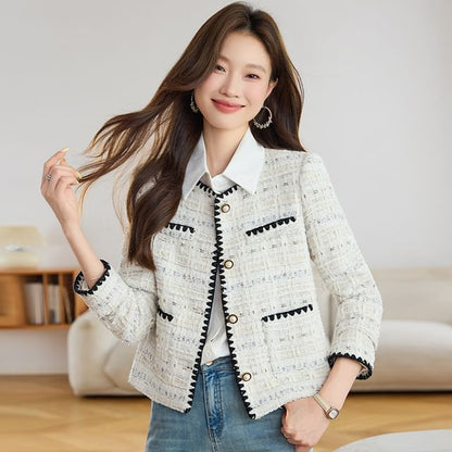 Round Neck Tweed Faux Pearl Button Jacket