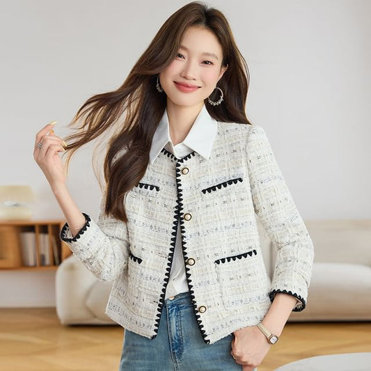 Round Neck Tweed Faux Pearl Button Jacket