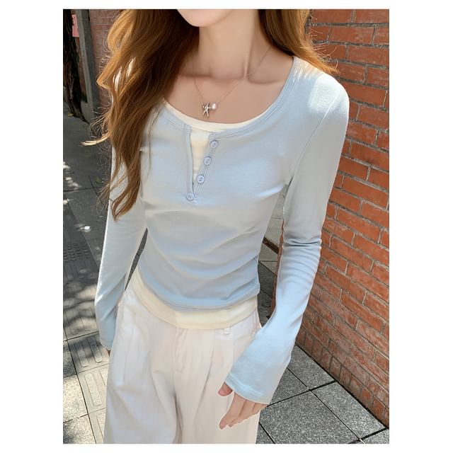 Mock Two-Piece T-Shirt with Crew Neck and Long Sleeves