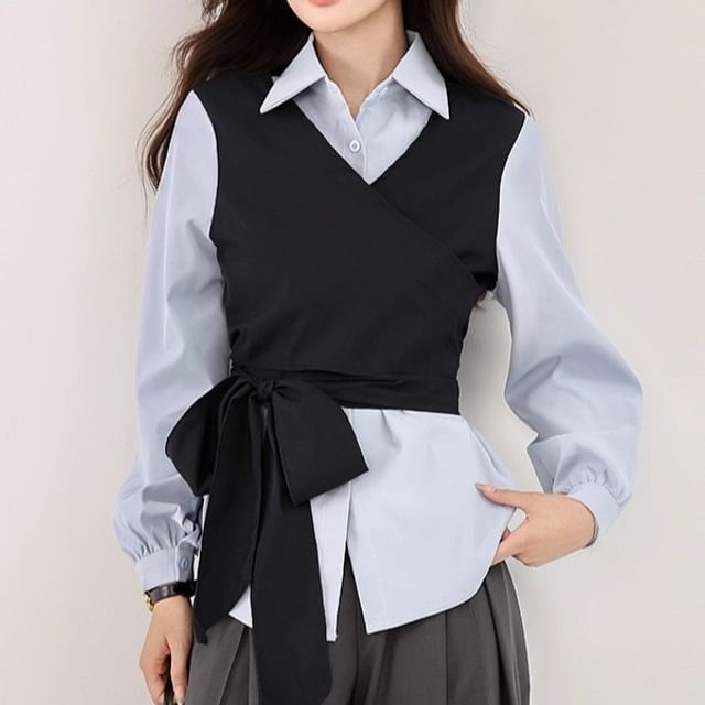Mock Two-Piece Shirt with Collar and Long Sleeves