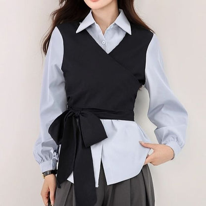 Mock Two-Piece Shirt with Collar and Long Sleeves