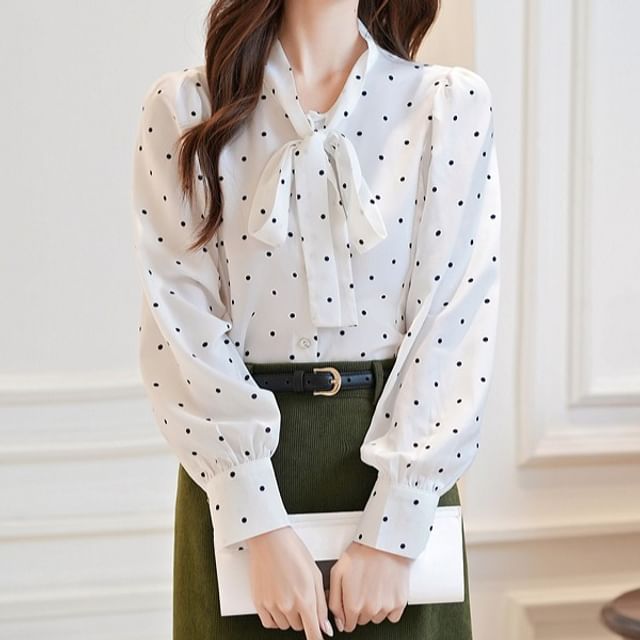 Dotted Blouse with Long Sleeves and Tie Neckline