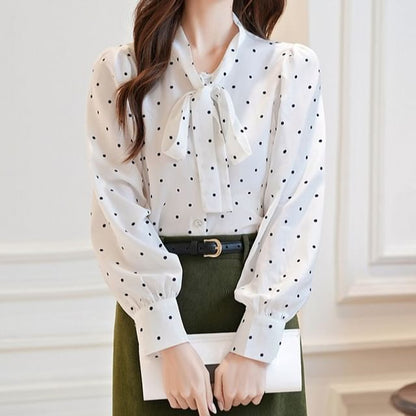 Dotted Blouse with Long Sleeves and Tie Neckline