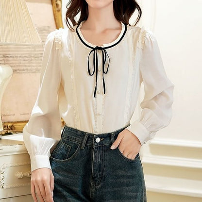 Button-Front Blouse with Contrast Trim and Round Neckline