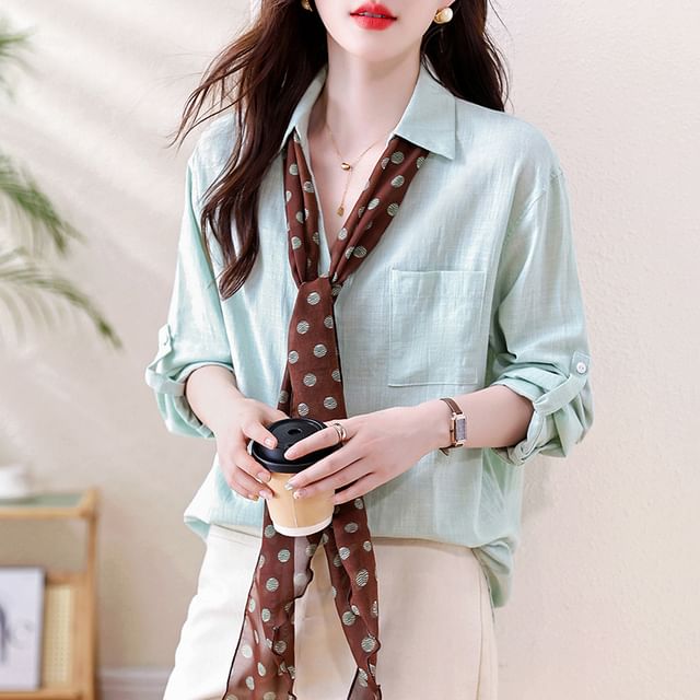 Collared V Neck Button Front Long Sleeve Solid Shirt