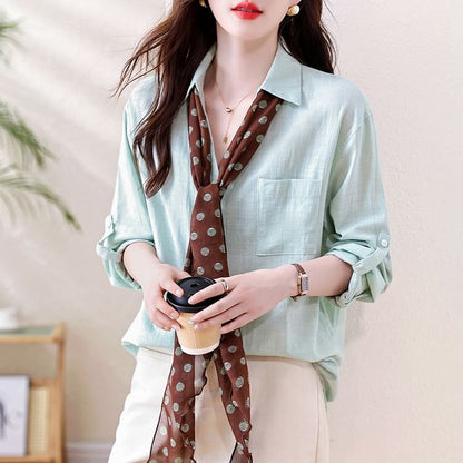 Collared V Neck Button Front Long Sleeve Solid Shirt