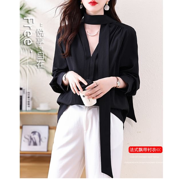 Plain Blouse with Long Sleeves and Neck Tie Detail