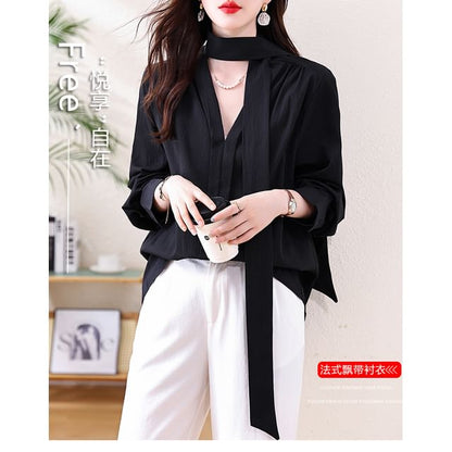 Plain Blouse with Long Sleeves and Neck Tie Detail