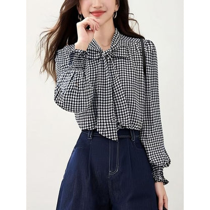 Houndstooth Blouse with Tie Neck and Long Sleeves