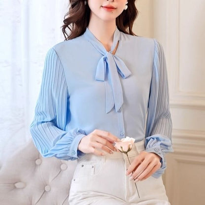 Pleated Panel Blouse with Tie Neck and Long Sleeves