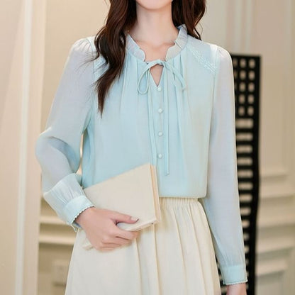 Plain V-Neck Blouse with Long Sleeves