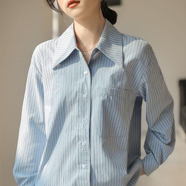 Striped Button-Up Shirt with Collar and Long Sleeves