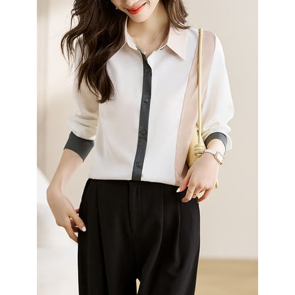 Color Block Button-Up Shirt with Collar and Long Sleeves