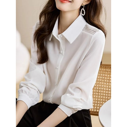 Plain Button-Up Shirt with Collar and Long Sleeves