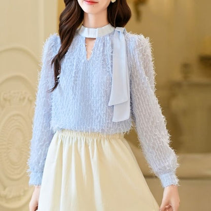 Keyhole Blouse with V-Neck and Long Sleeves