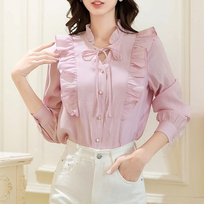 Ruffle Trim Blouse with V-Neck and Long Sleeves