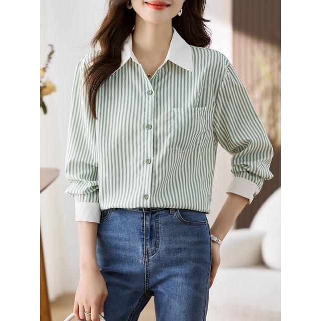Striped Button-Up Shirt with Collar and Long Sleeves