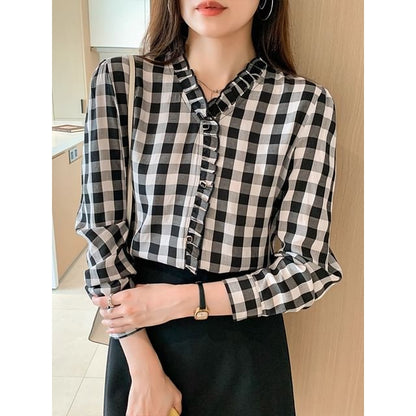 Plaid Button-Up Blouse with V-Neck and Long Sleeves