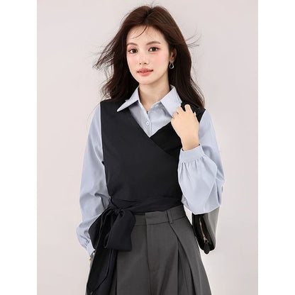 Mock Two-Piece Shirt with Collar and Long Sleeves