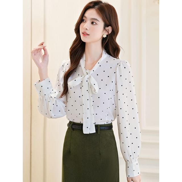 Dotted Blouse with Long Sleeves and Tie Neckline