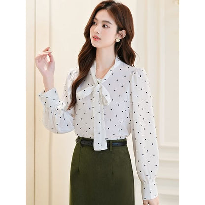 Dotted Blouse with Long Sleeves and Tie Neckline