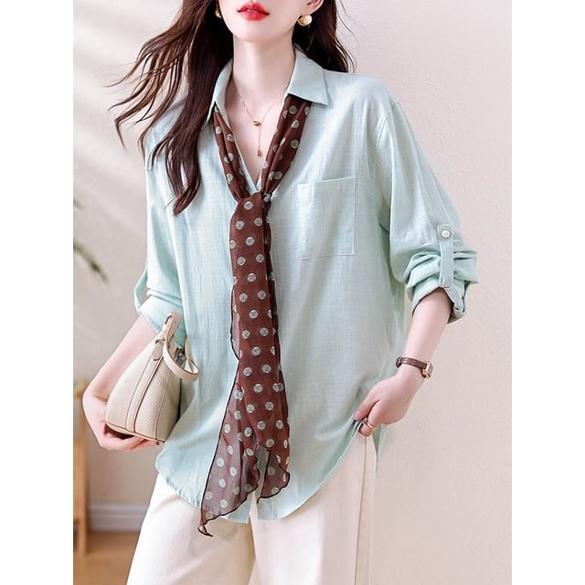 Collared V Neck Button Front Long Sleeve Solid Shirt