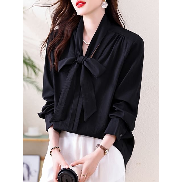 Plain Blouse with Long Sleeves and Neck Tie Detail