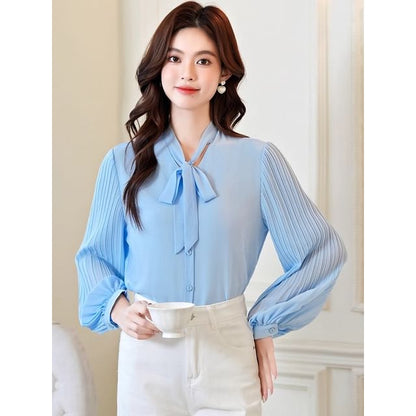 Pleated Panel Blouse with Tie Neck and Long Sleeves