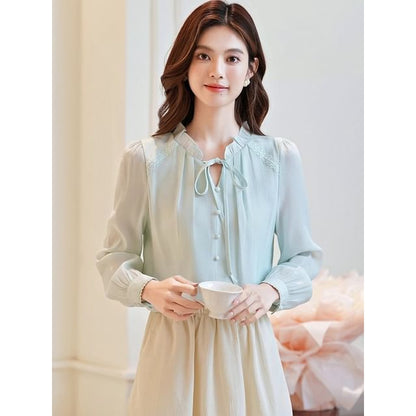 Plain V-Neck Blouse with Long Sleeves