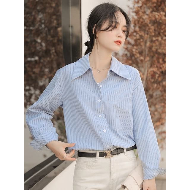 Striped Button-Up Shirt with Collar and Long Sleeves