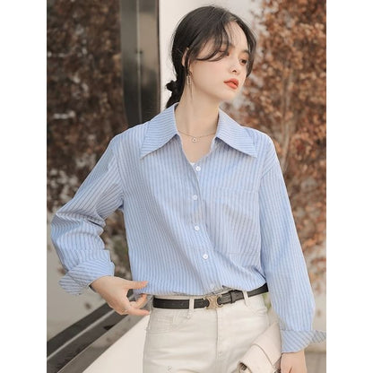 Striped Button-Up Shirt with Collar and Long Sleeves