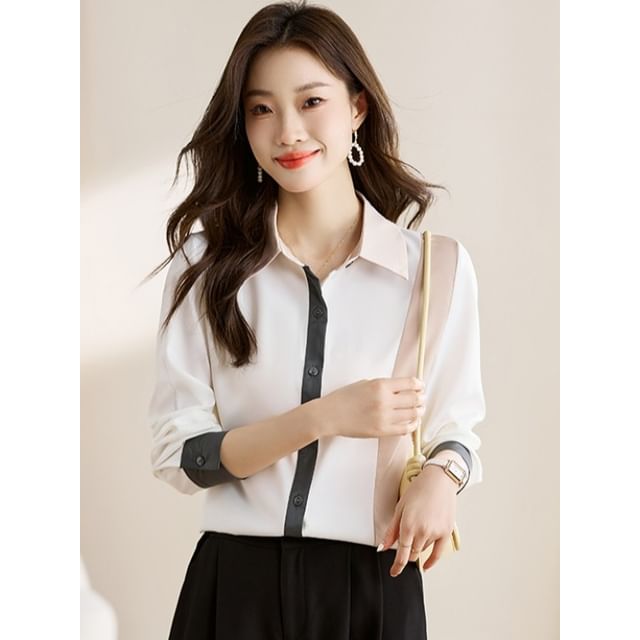 Color Block Button-Up Shirt with Collar and Long Sleeves