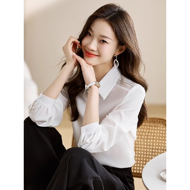 Plain Button-Up Shirt with Collar and Long Sleeves